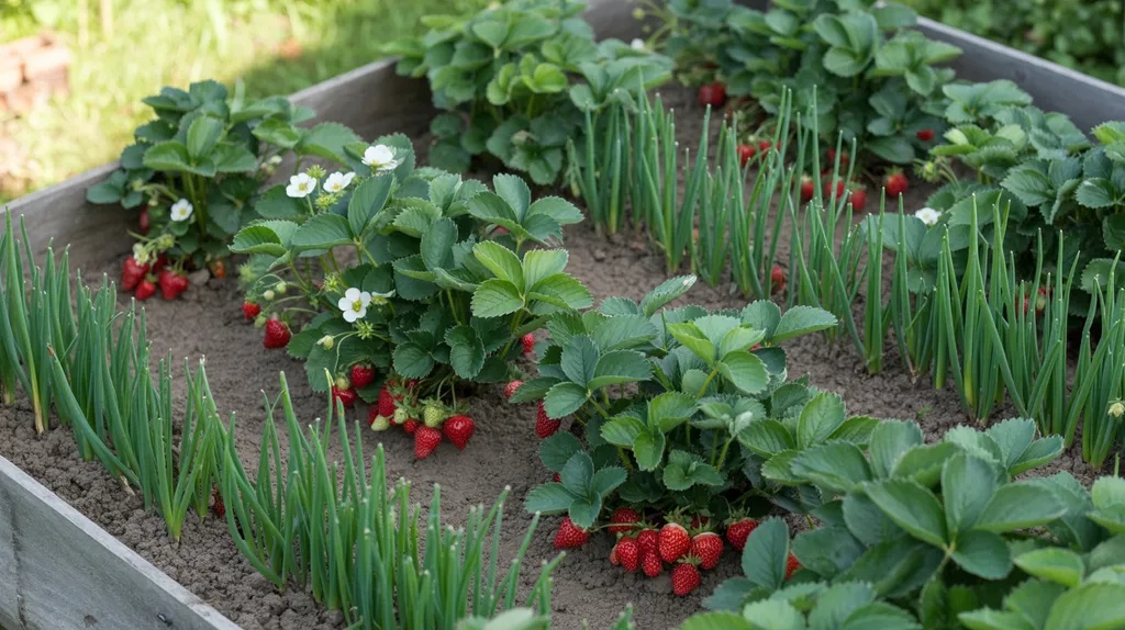 Onions growing between strawberry plants in a raised bed using strong scent to deter garden pests.