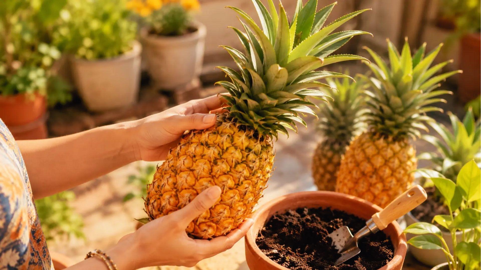 Hands holding ripe pineapple above soil pot with trowel, selecting fruit for top cutting