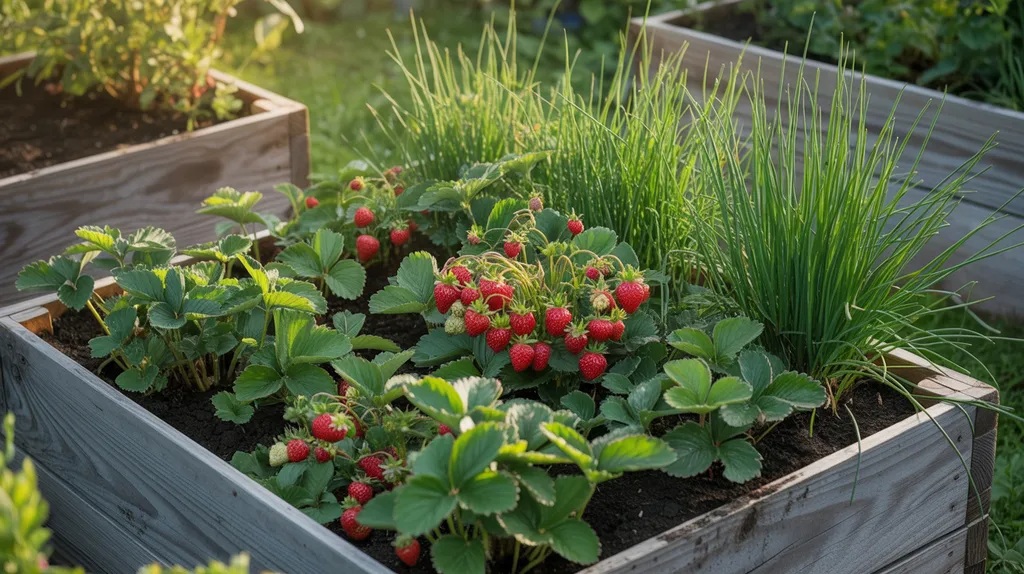 Chives growing between strawberry rows in a raised bed repelling aphids and beetles naturally.