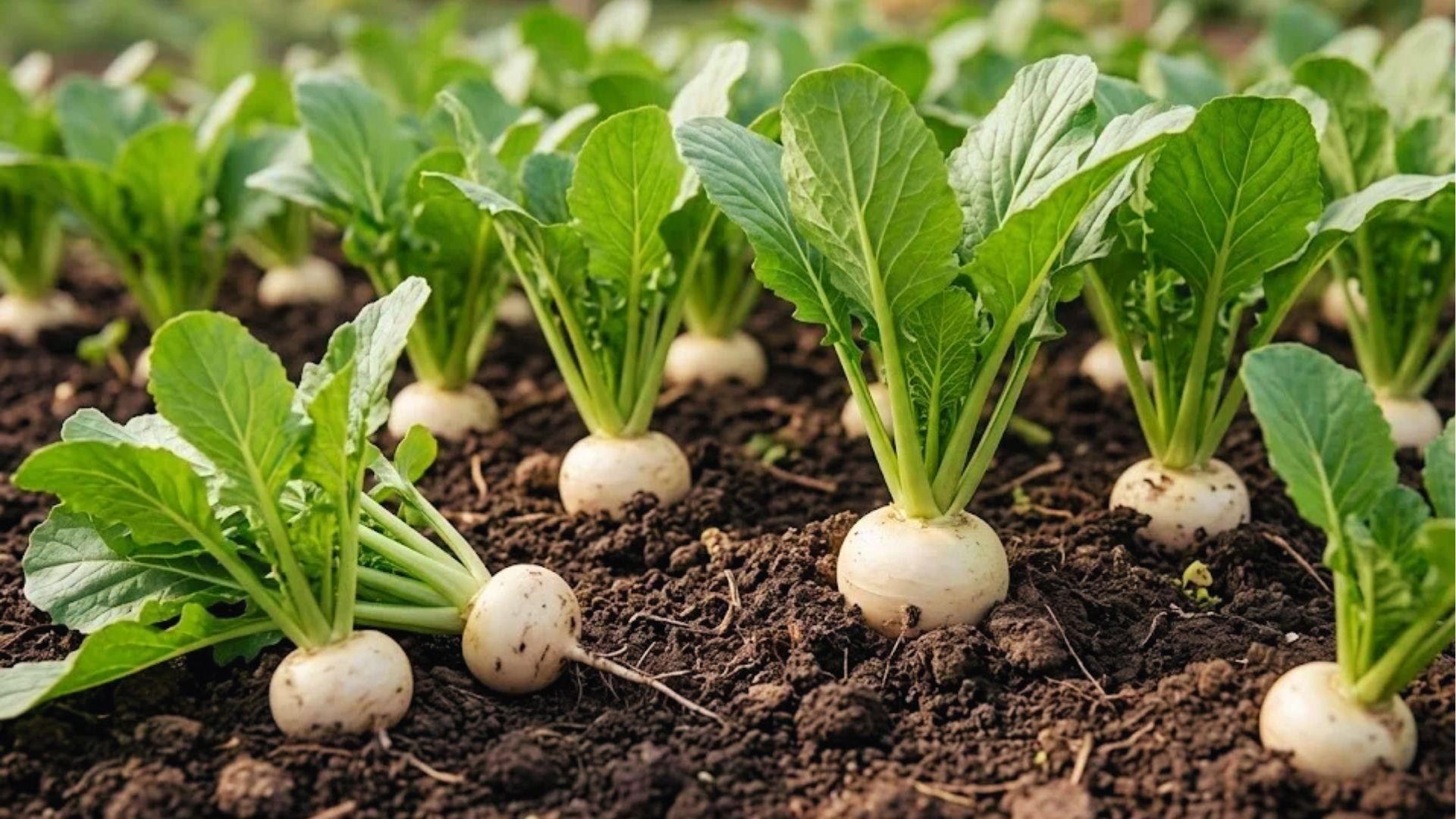 White turnip bulbs growing in garden rows with green tops. Plant seeds in early spring or late summer.