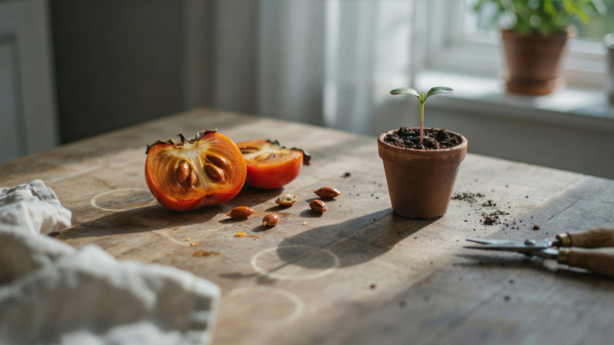 Ripe persimmon fruit with seeds and a small seedling growing in soil, showing the full process from seed to plant.