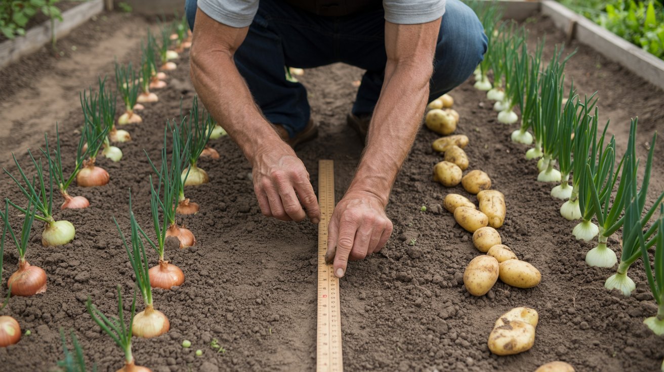 Proper spacing between onion and potato plants during planting.