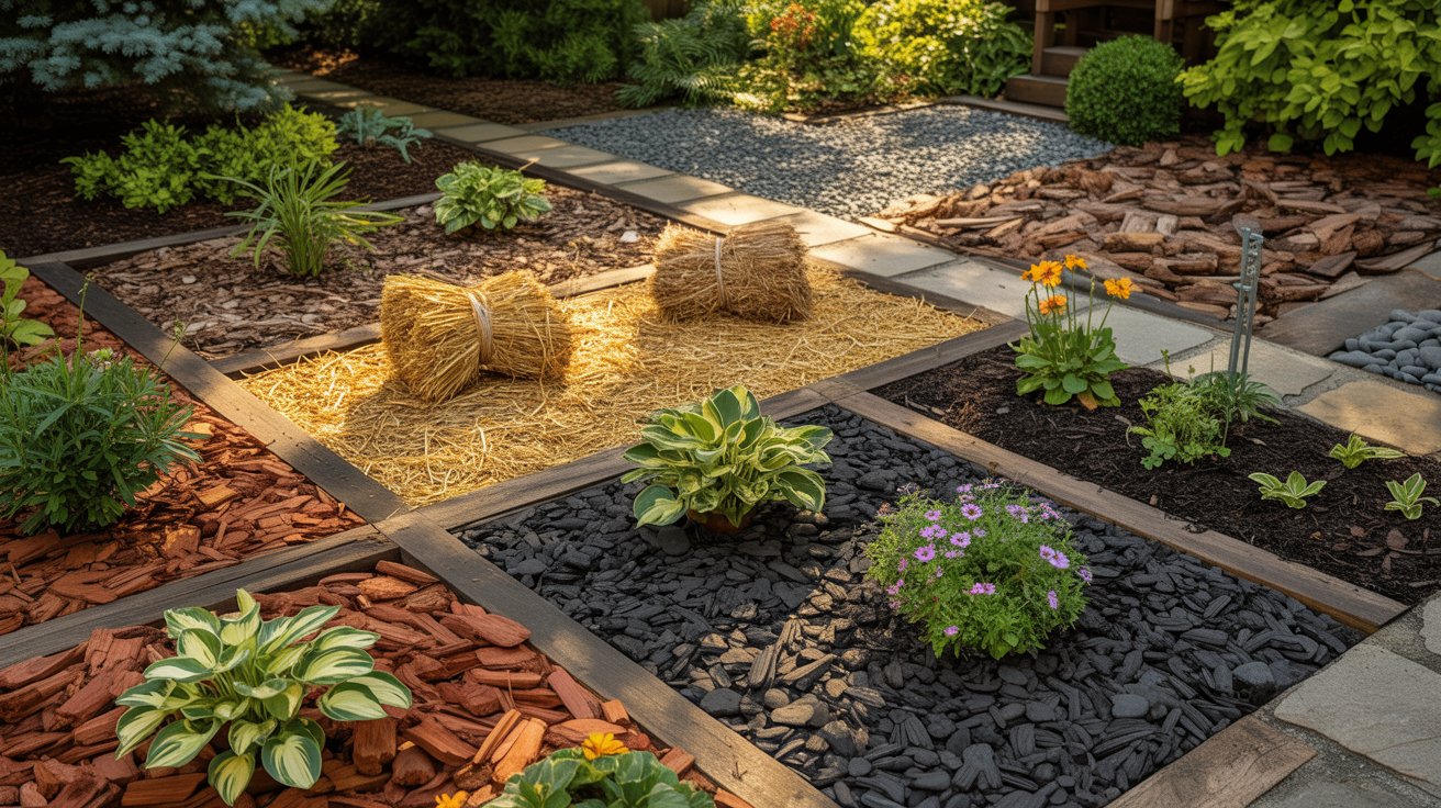 Different mulch materials including wood chips, straw, gravel, compost, and rubber mulch displayed in a backyard garden.