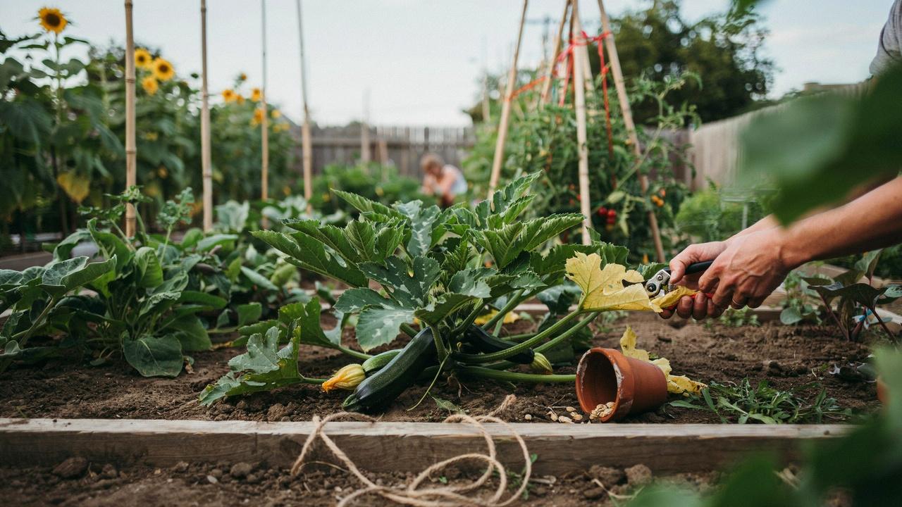 Gardener pruning zucchini leaves with clean pruning shears.