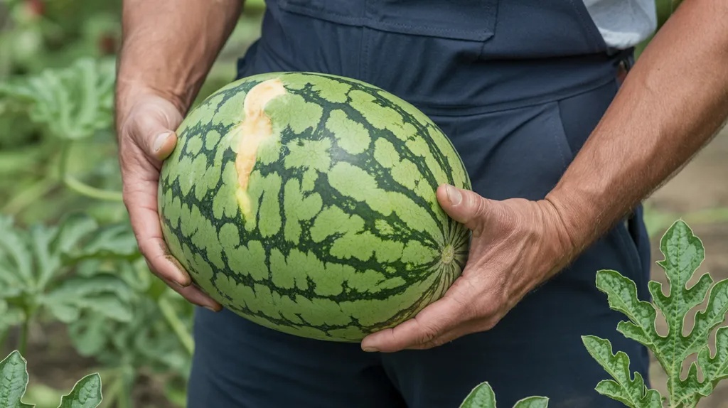 Fully ripe watermelon selected for saving mature seeds.