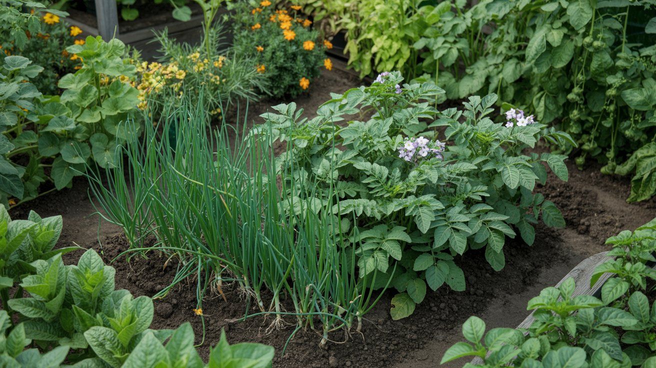 Companion planting garden with onions and potatoes growing near other vegetables.