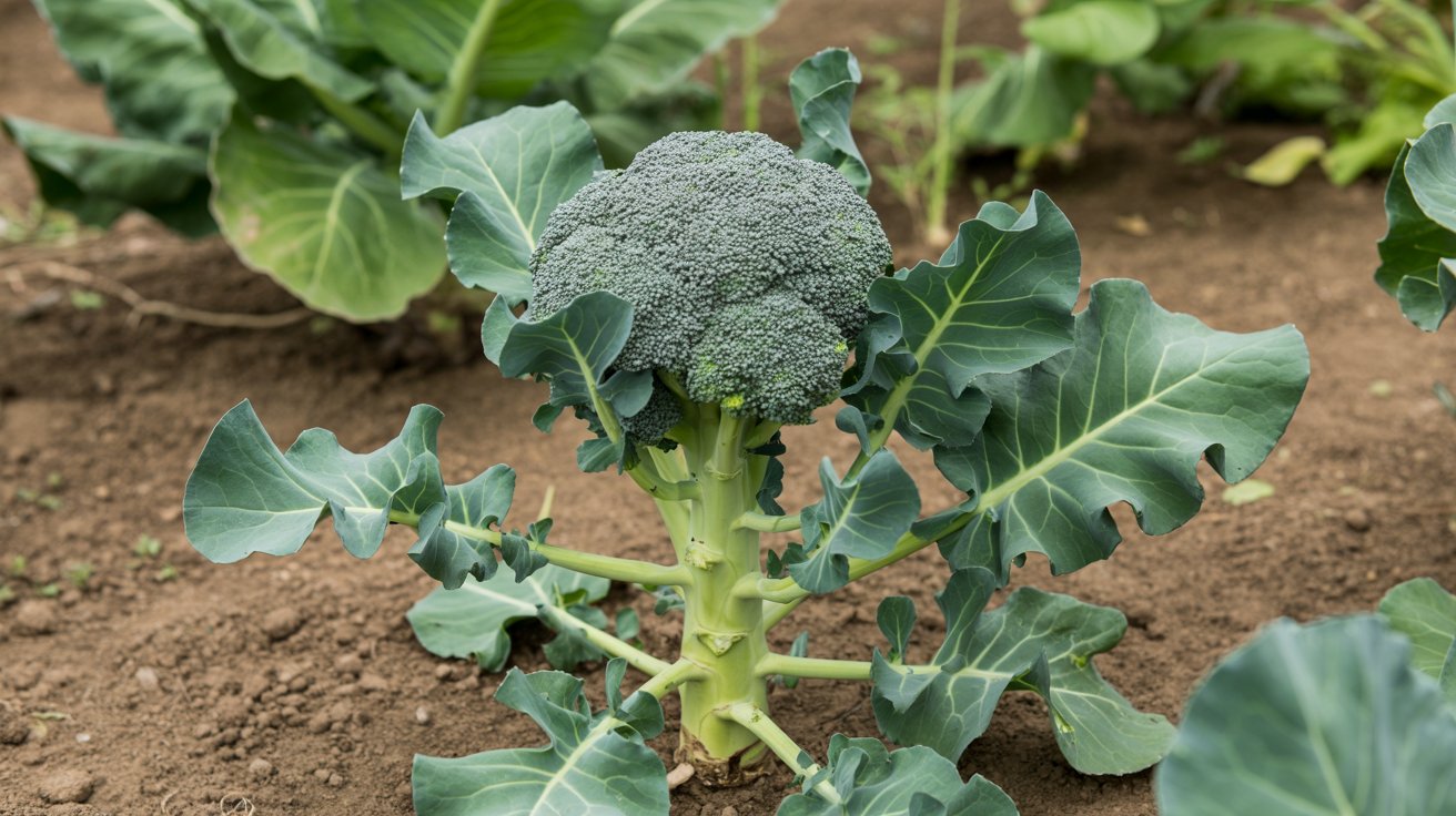 Broccoli plant producing new side shoots after the main head has been cut.