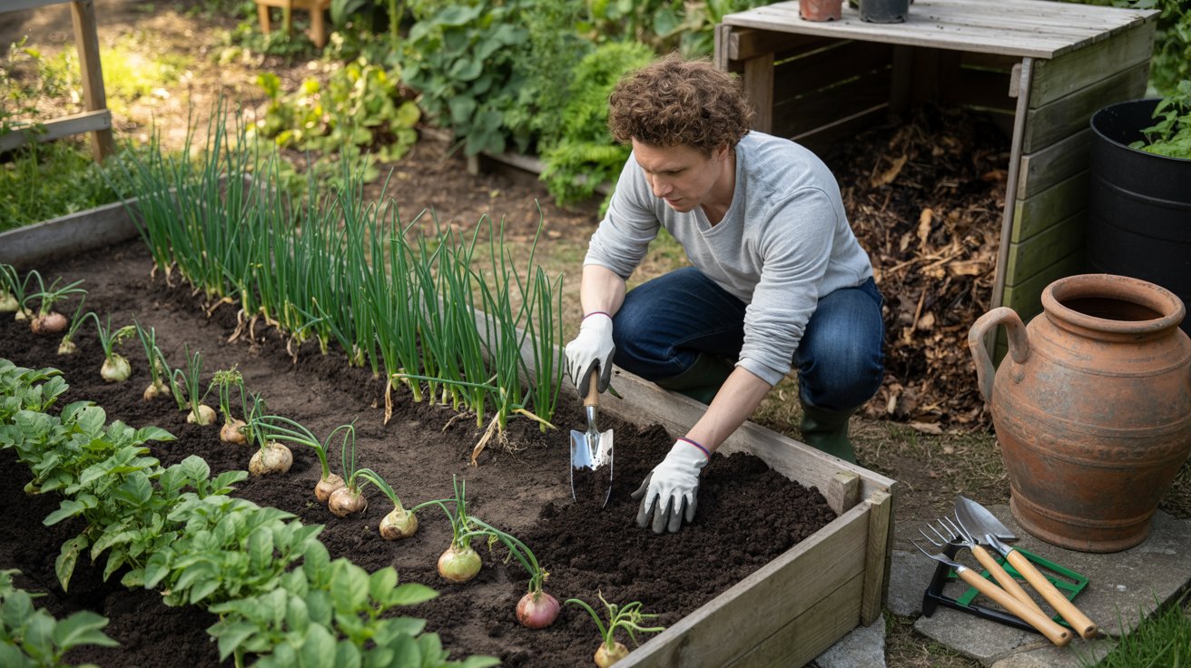 Compost being added to improve soil for onions and potatoes.