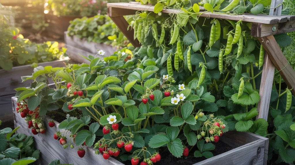 Pea plants growing on a trellis near strawberries in a raised bed fixing nitrogen and saving space.