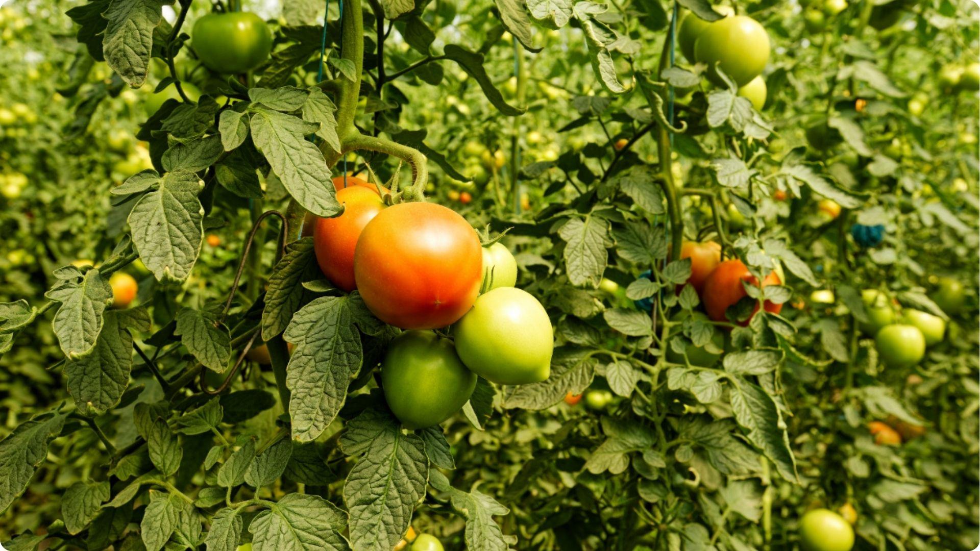 Red and green tomatoes ripening on plants in garden, rotate these heavy feeders with leafy greens next