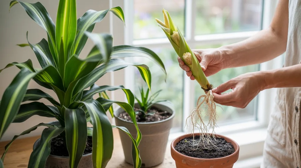 Healthy corn plant propagation setup with stem cuttings, soil pots, and mature Dracaena fragrans indoors.