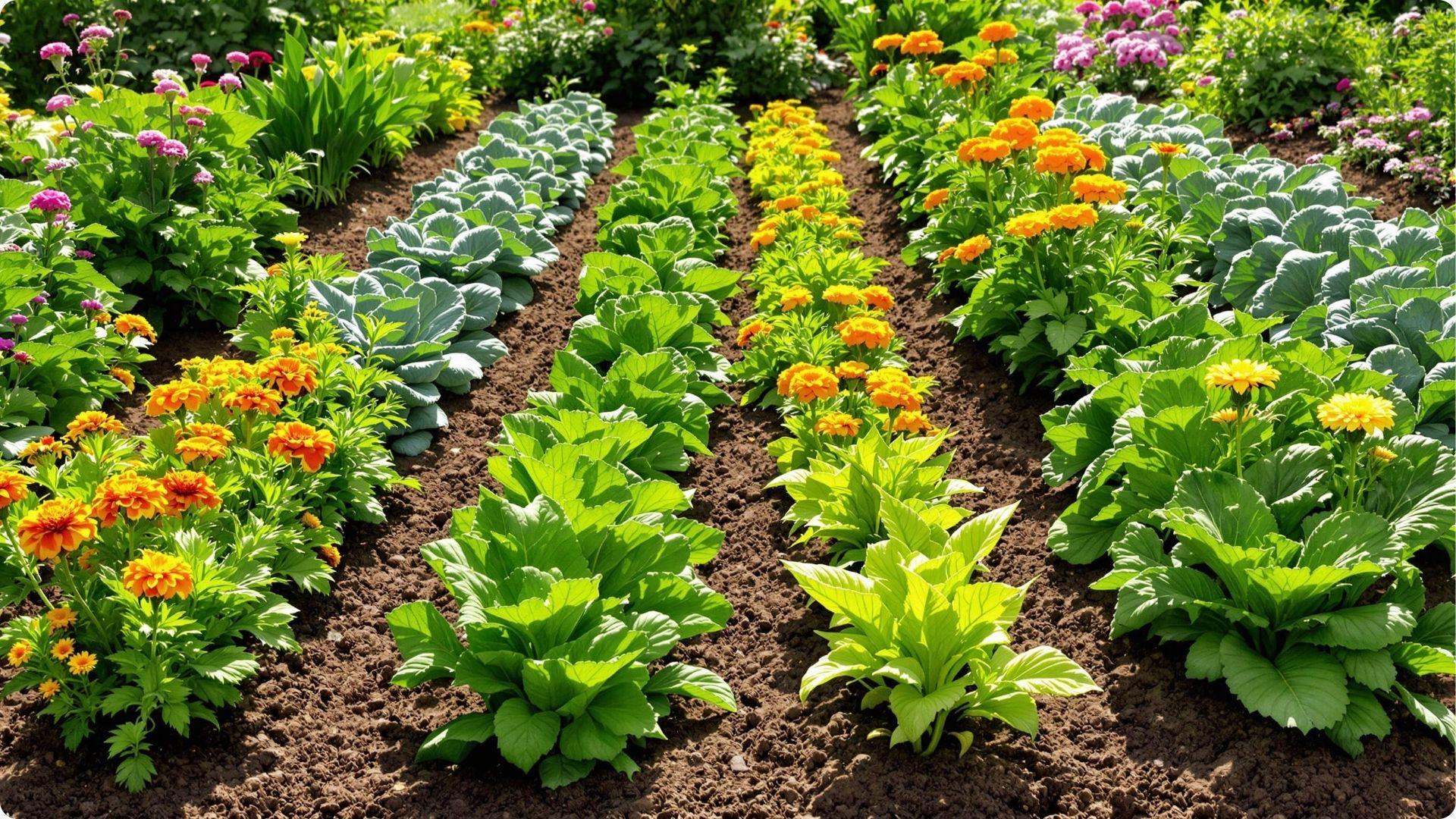Sunny vegetable garden with rows of cabbage, lettuce, and marigolds, ideal companion plants after tomatoes