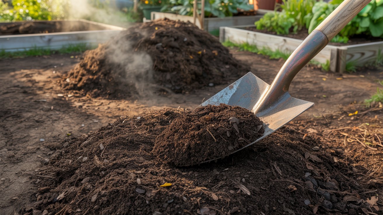 Compost mulch being added to garden soil to improve soil health and moisture retention.