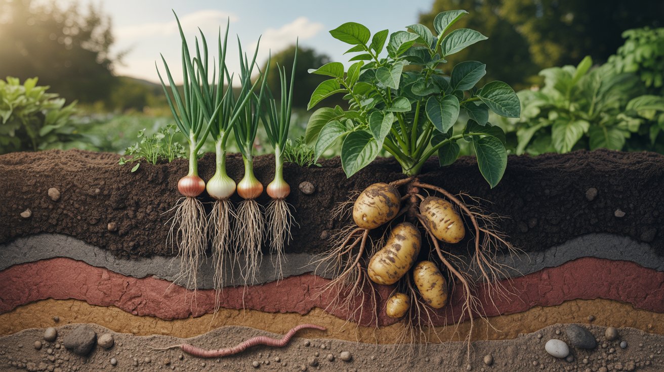 Illustration showing root competition between onions and potatoes.