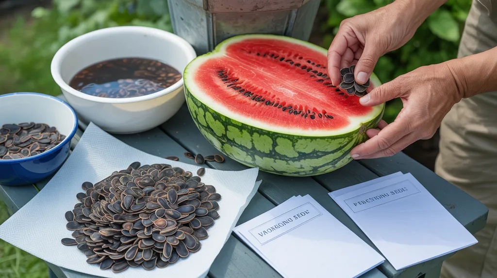 Saving watermelon seeds by collecting, drying, and storing them for planting.