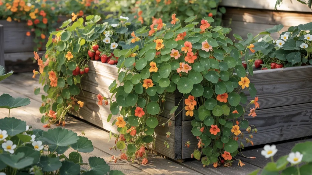 Nasturtiums growing at the edges of a strawberry raised bed acting as a trap crop for pests.