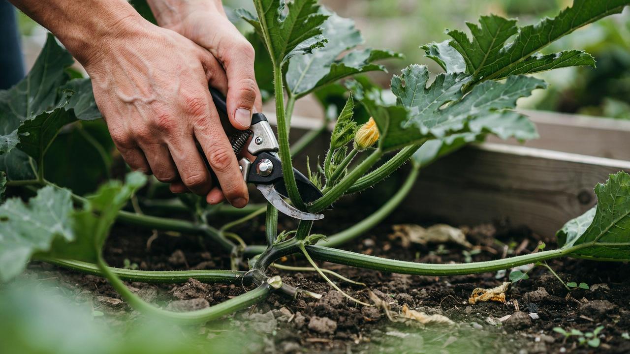 Cutting zucchini side shoots to control plant growth.