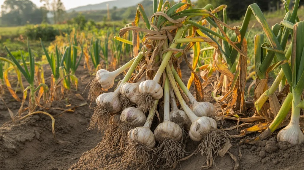 Harvesting mature garlic bulbs from the garden.
