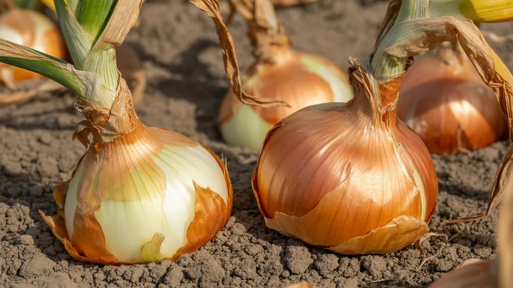 Mature onions displaying dry necks and papery skins before harvest.