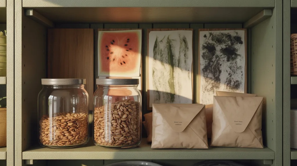 Properly stored watermelon seeds in airtight containers for long-term viability.