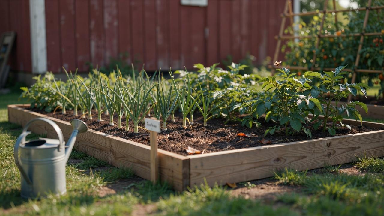 Healthy onion and potato plants growing together in a sunny garden bed.