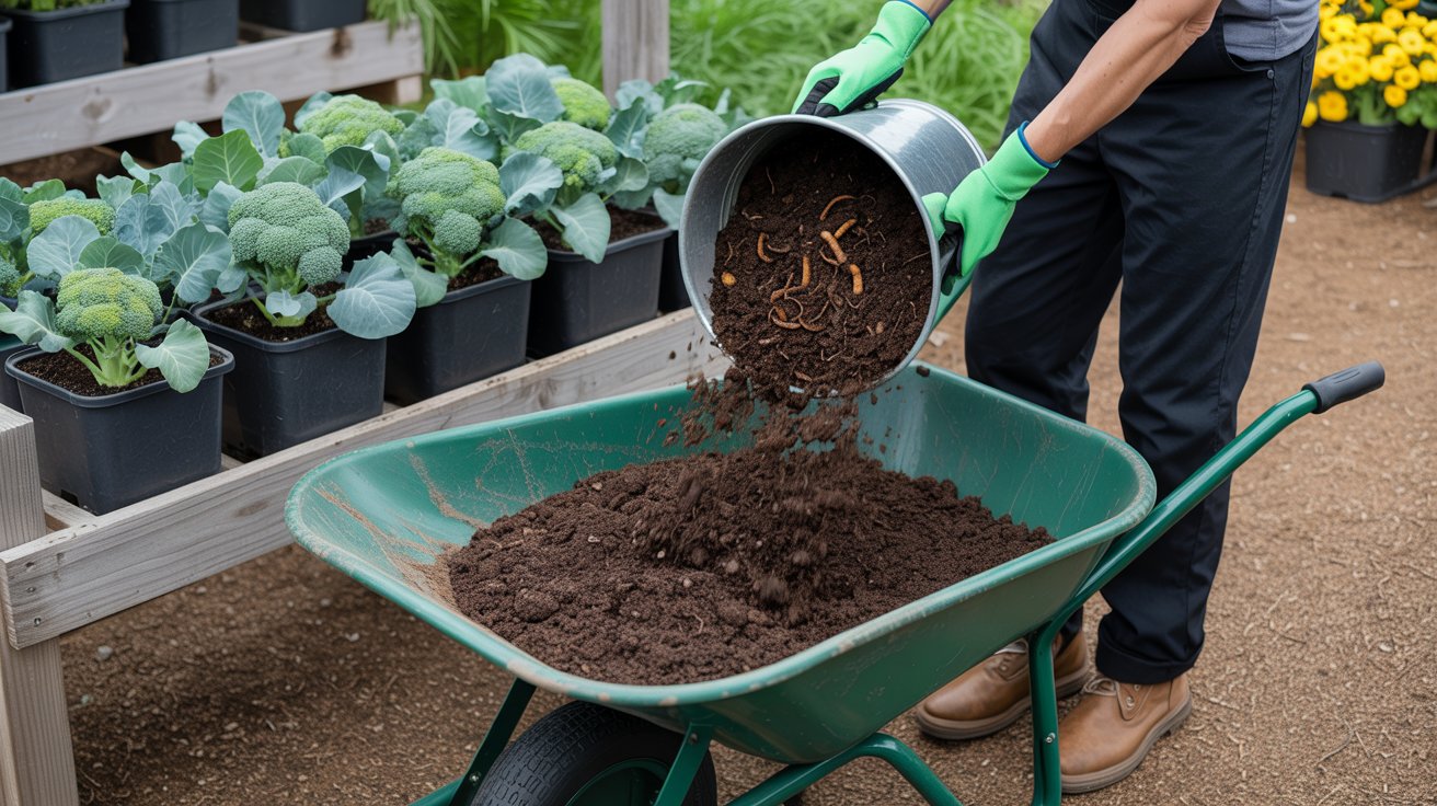 Compost and potting mix being blended for container-grown broccoli.