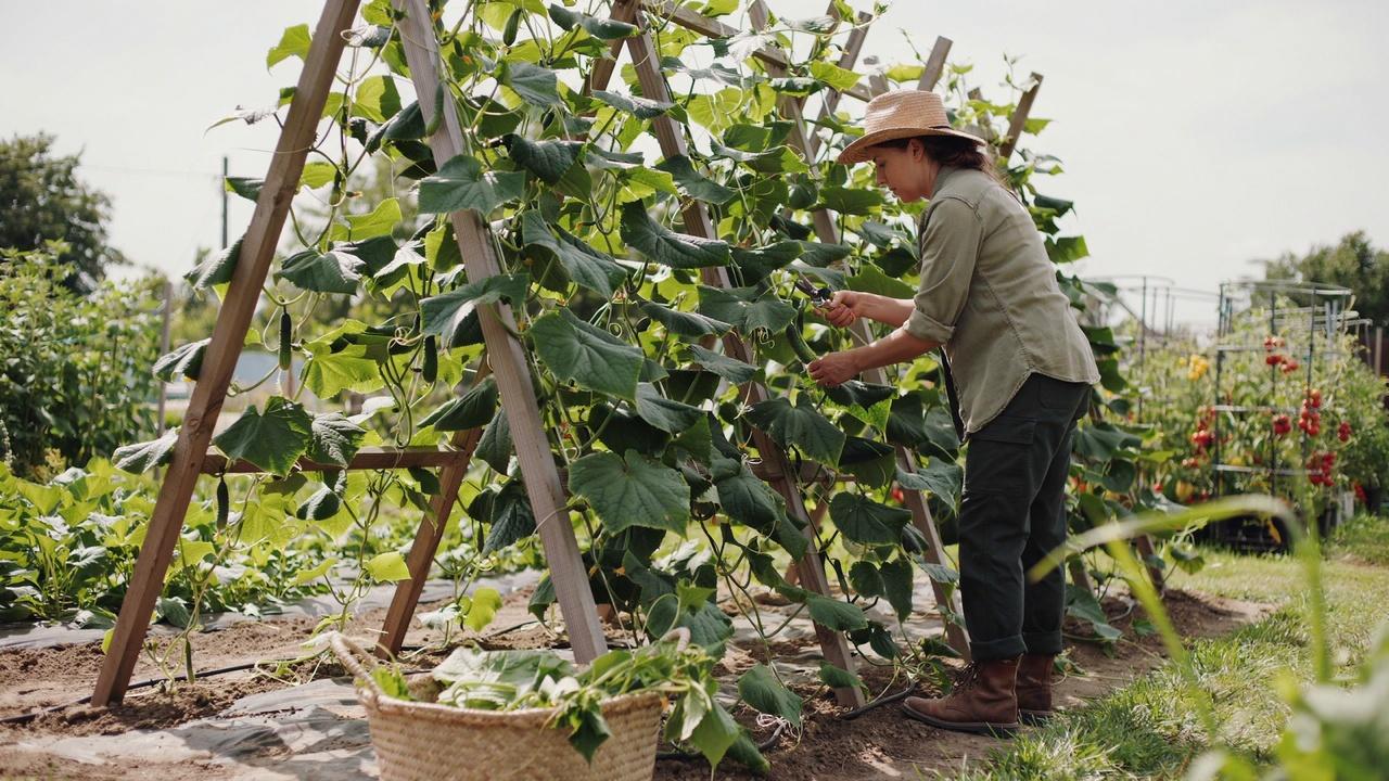Thinning dense cucumber foliage for better airflow.