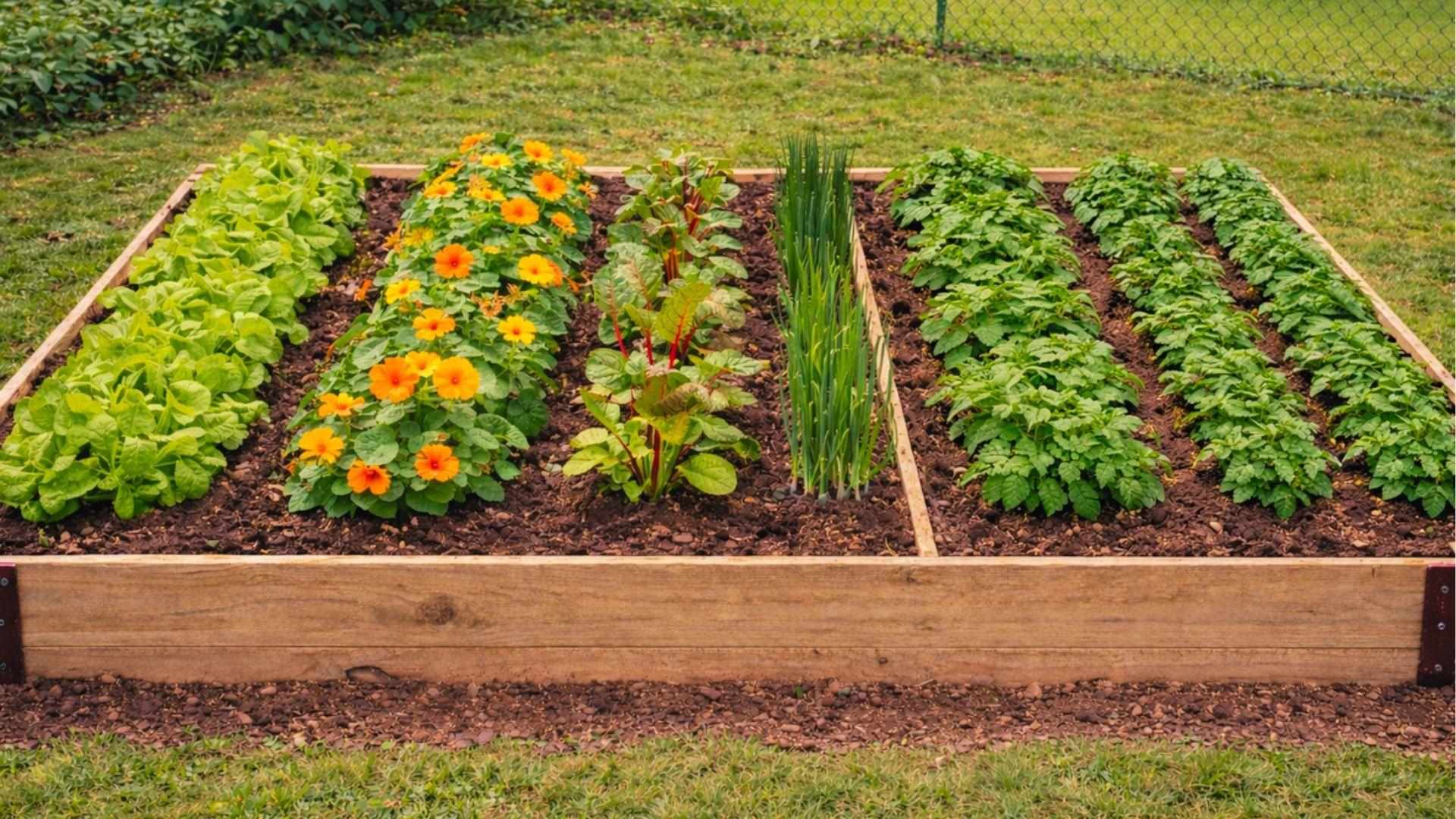 Wooden raised bed with six rows lettuce, marigolds, chard, onions, potatoes for compact 20x20 gardening.