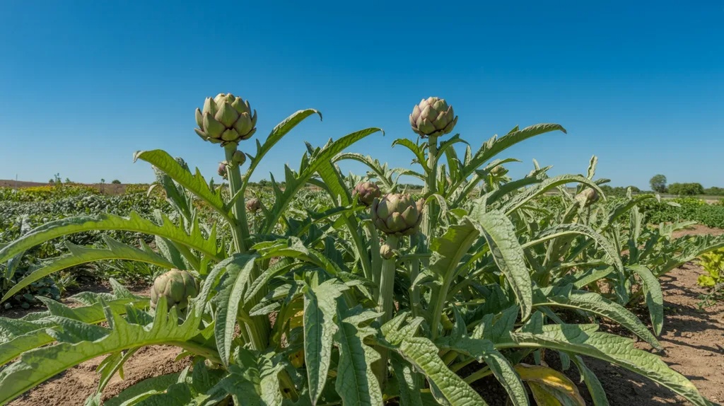 Artichoke plants growing in an ideal sunny garden location.