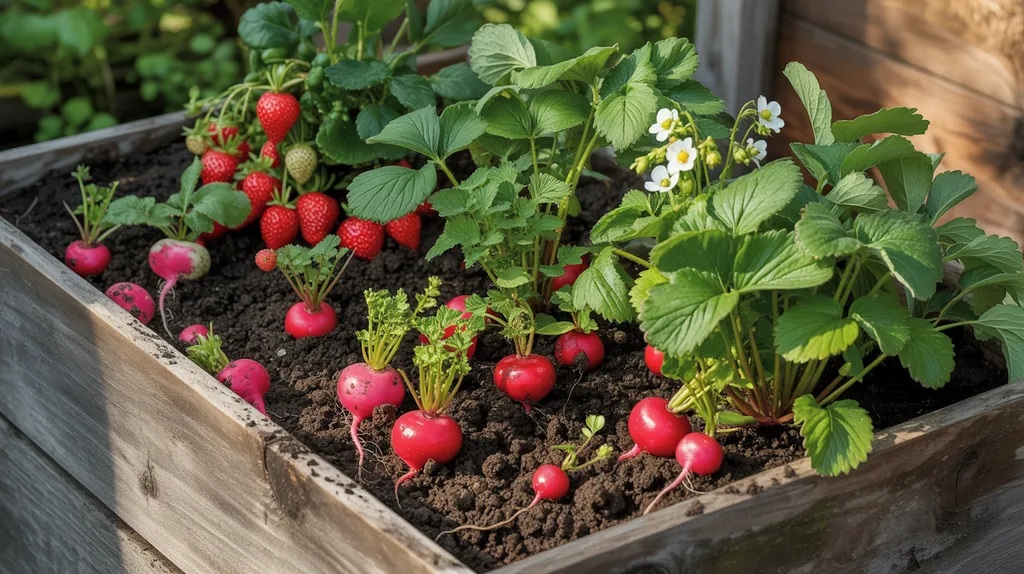 Radishes growing with strawberries in a raised bed improving soil structure and breaking up compacted soil.