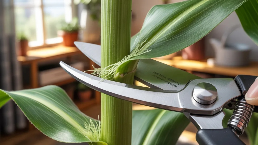 Making a clean stem cutting below a node on a corn plant.