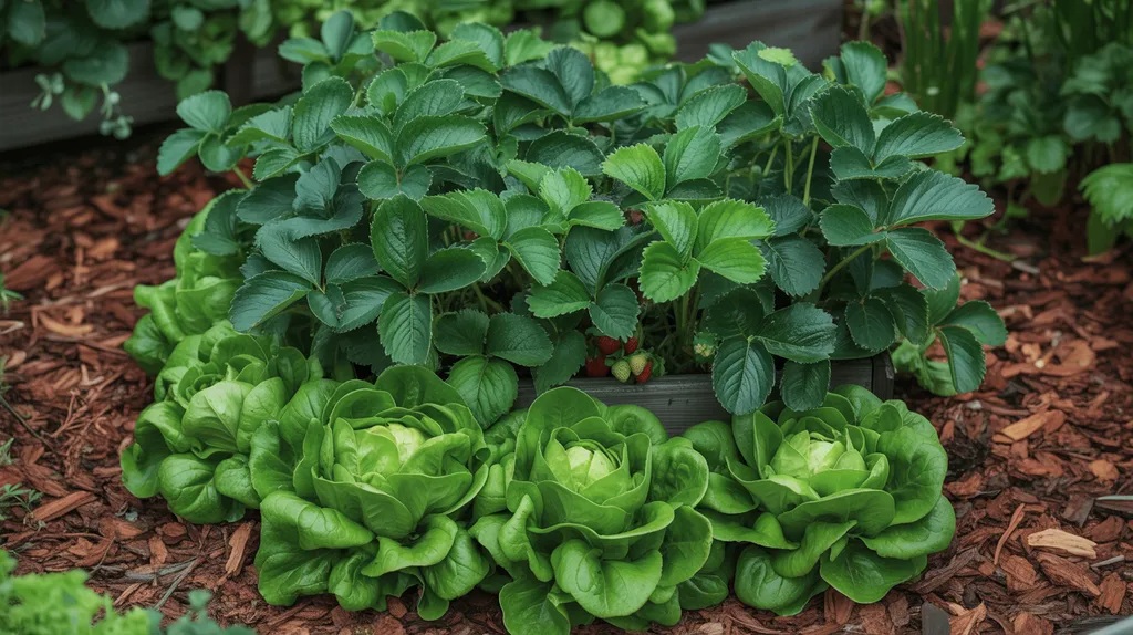 Lettuce growing under strawberries in a raised bed acting as low ground cover without competing for nutrients.