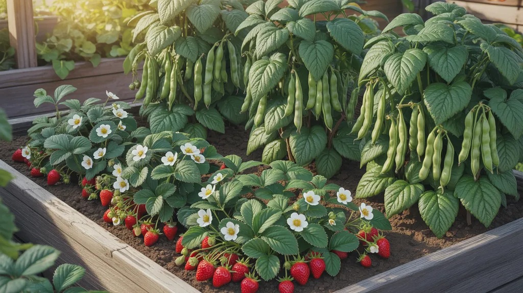 Bush beans growing with strawberries in a raised bed improving soil by fixing nitrogen naturally.