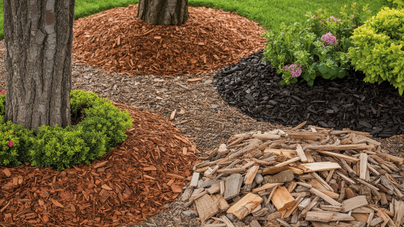 Wood-based mulch types including cedar mulch, bark mulch, and wood chips in garden beds.