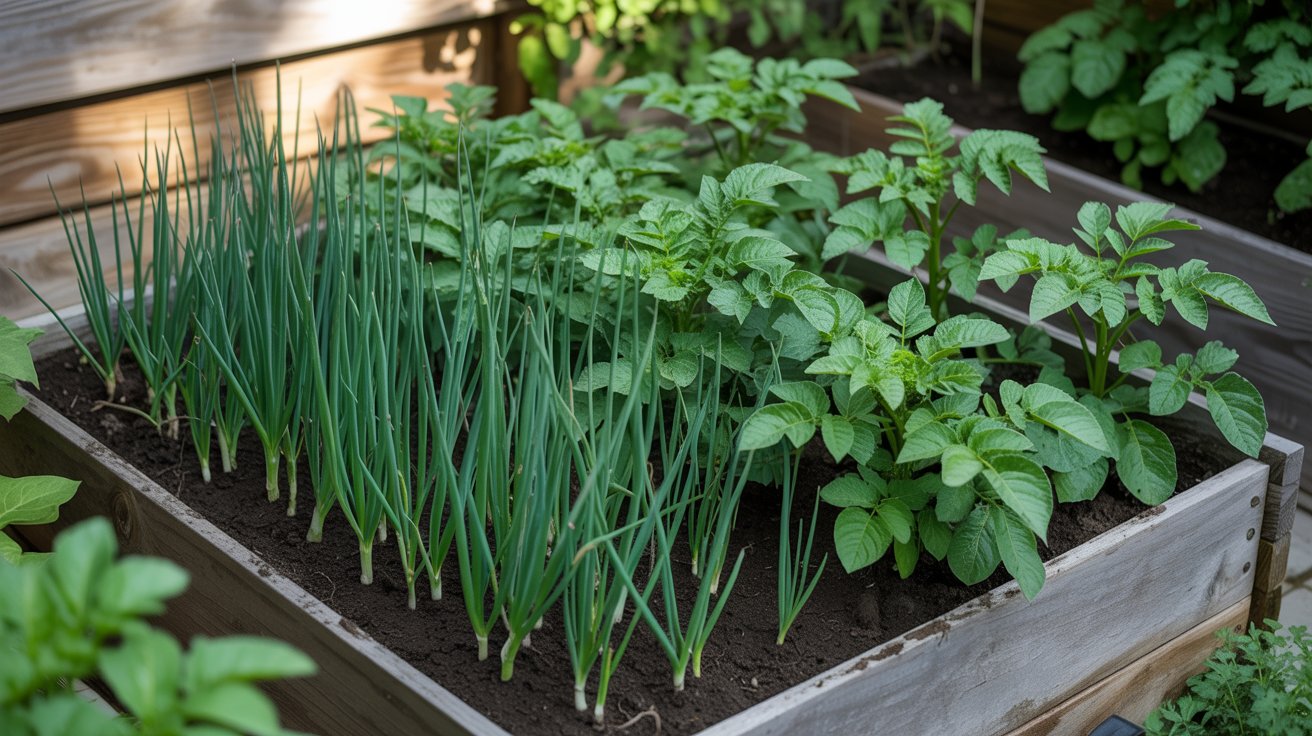 Compact garden using space efficiently with onions and potatoes.