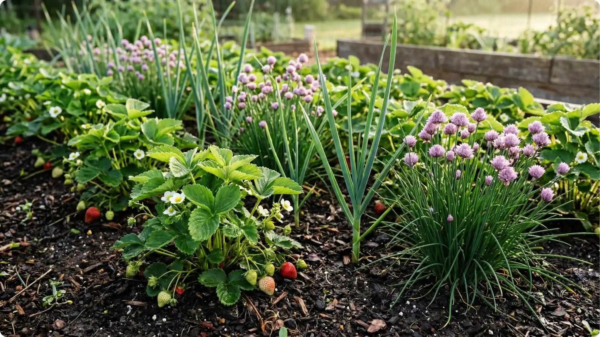 Strawberries growing with chives, onions, and purple flowering herbs as companion plants in a sunny raised garden bed.
