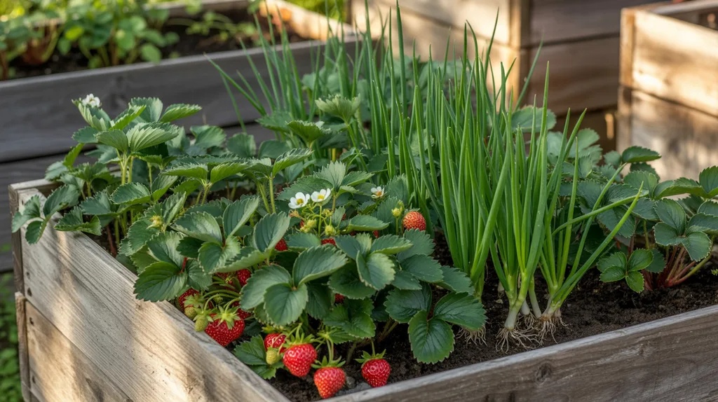 Scallions growing in gaps between strawberry plants in a raised bed providing compact pest protection.