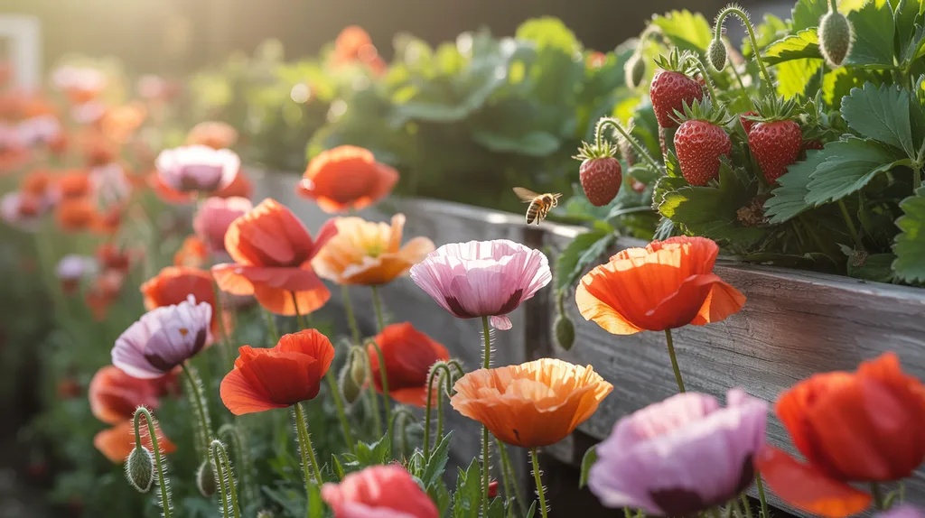 Poppies growing at the edges of a strawberry raised bed attracting pollinators and adding color without competing with strawberries.