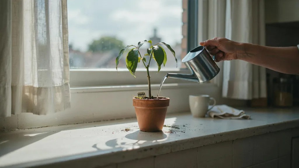 A small mango seedling placed near a window with sunlight, being gently watered, showing proper care for healthy germination and early growth.