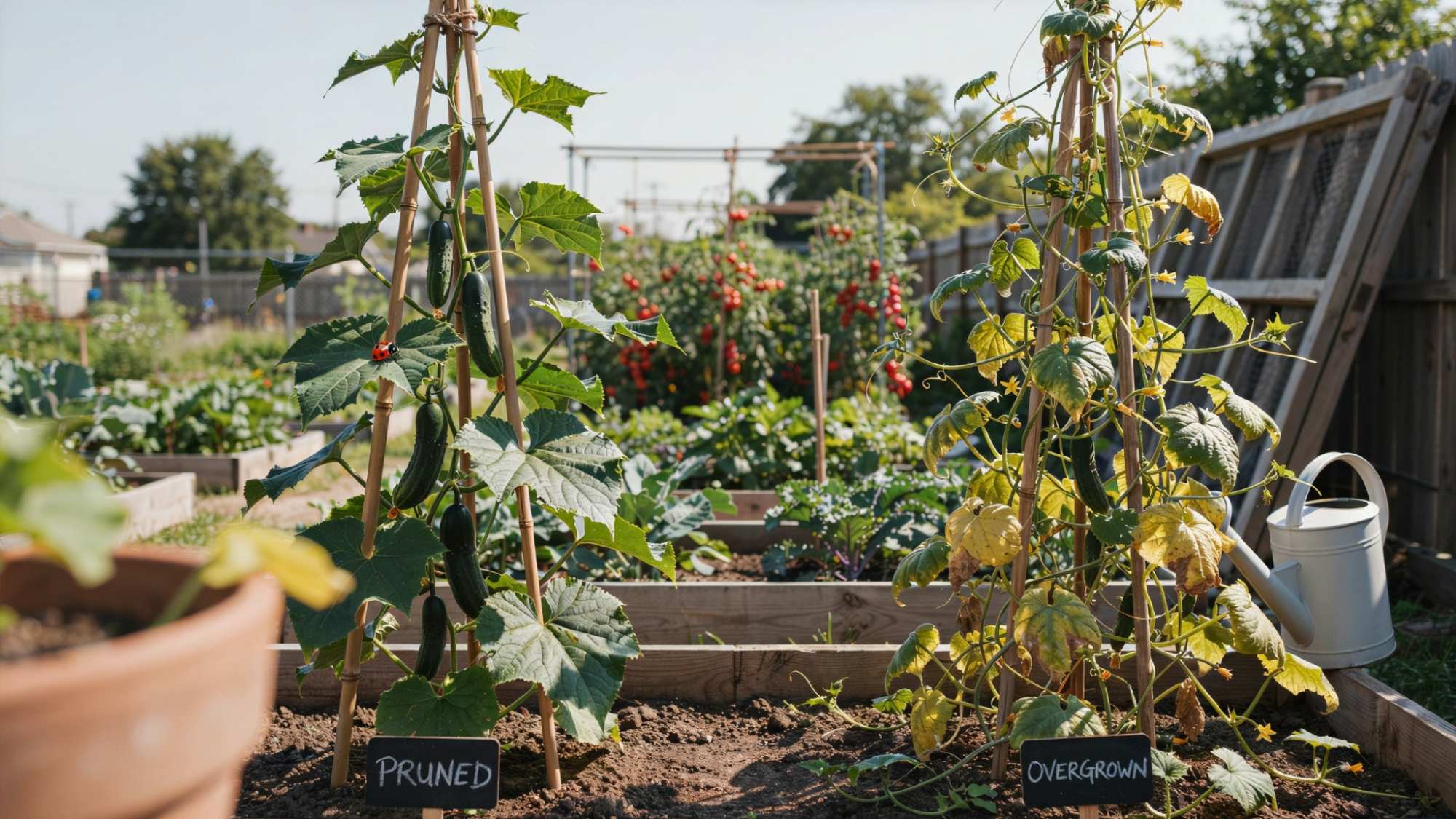 Comparison of pruned and unpruned cucumber plants in a garden.