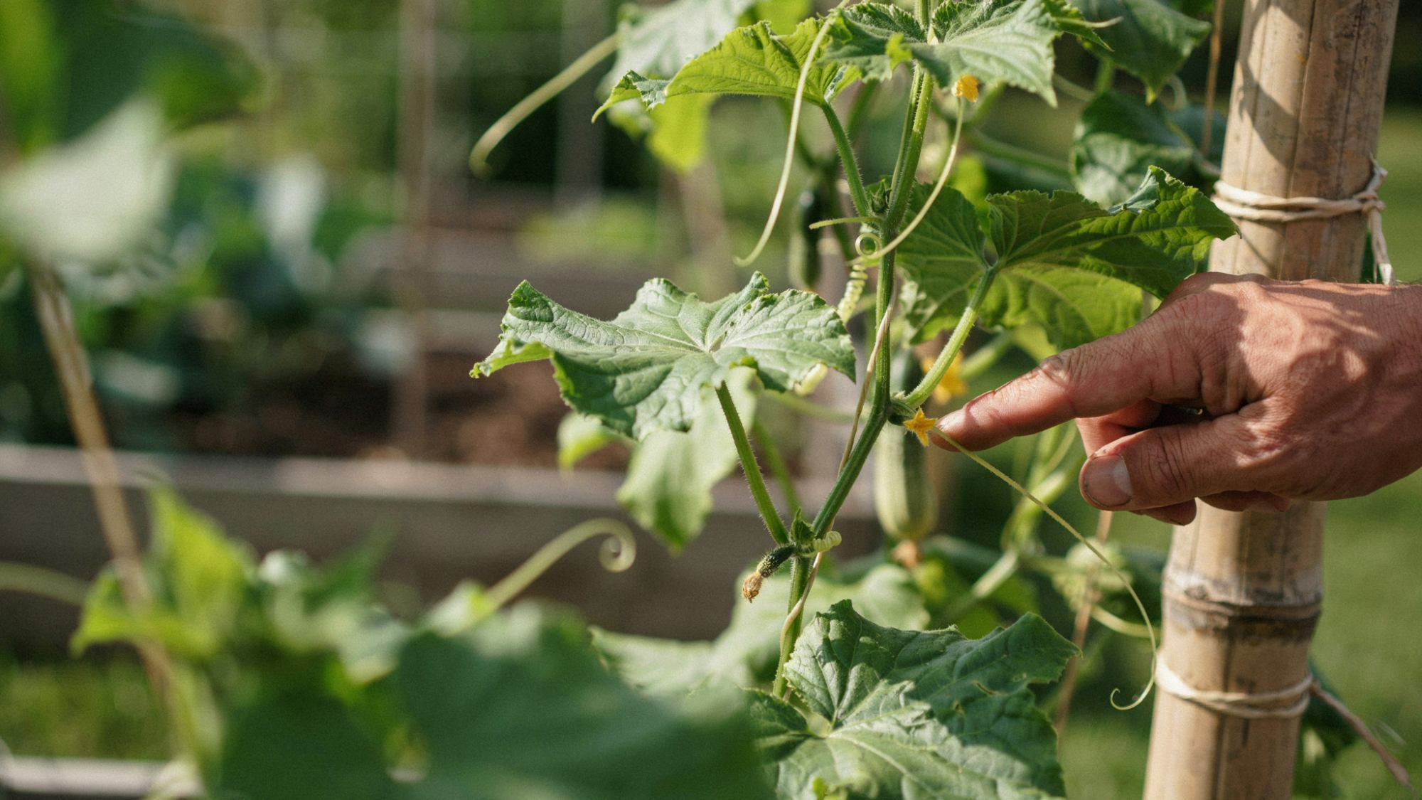 Main vine of a cucumber plant growing vertically.