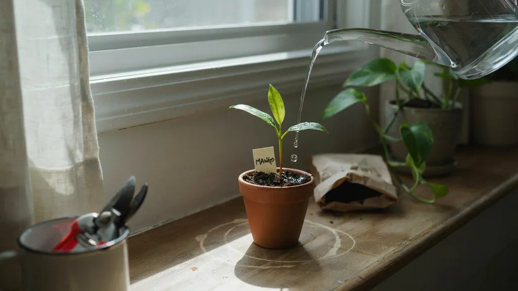 A potted mango seed being watered and placed near a sunny window, showing proper care conditions needed for healthy germination at home.
