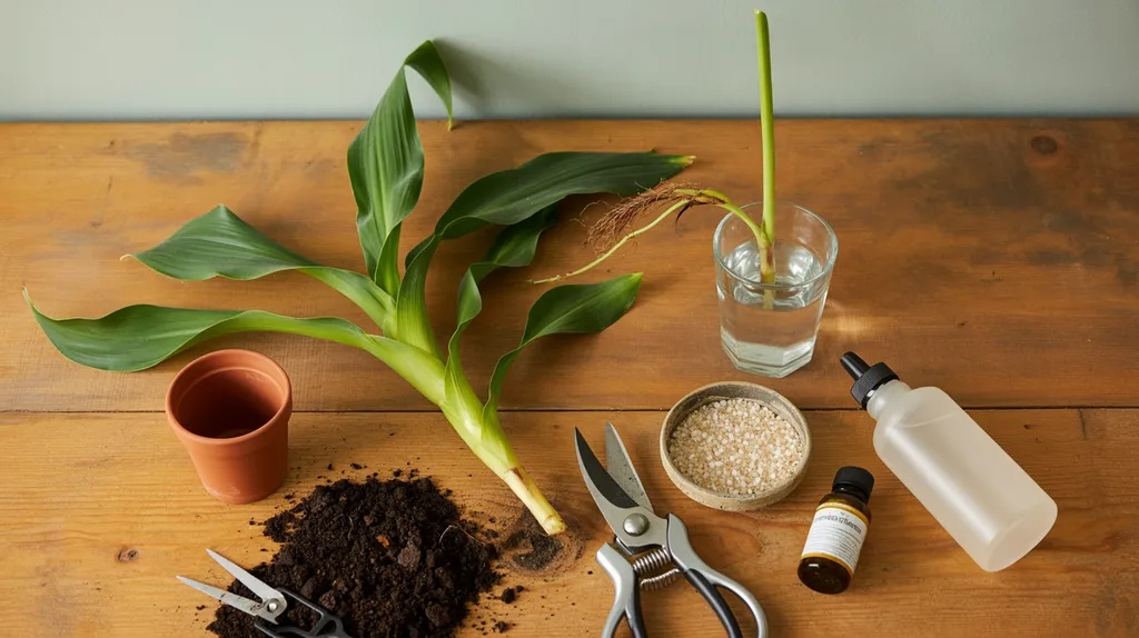 Essential tools and supplies needed for propagating a corn plant at home.