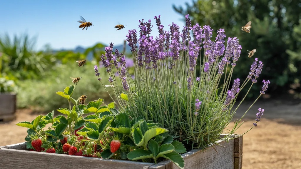Lavender growing at one end of a strawberry raised bed attracting pollinators and repelling pests.