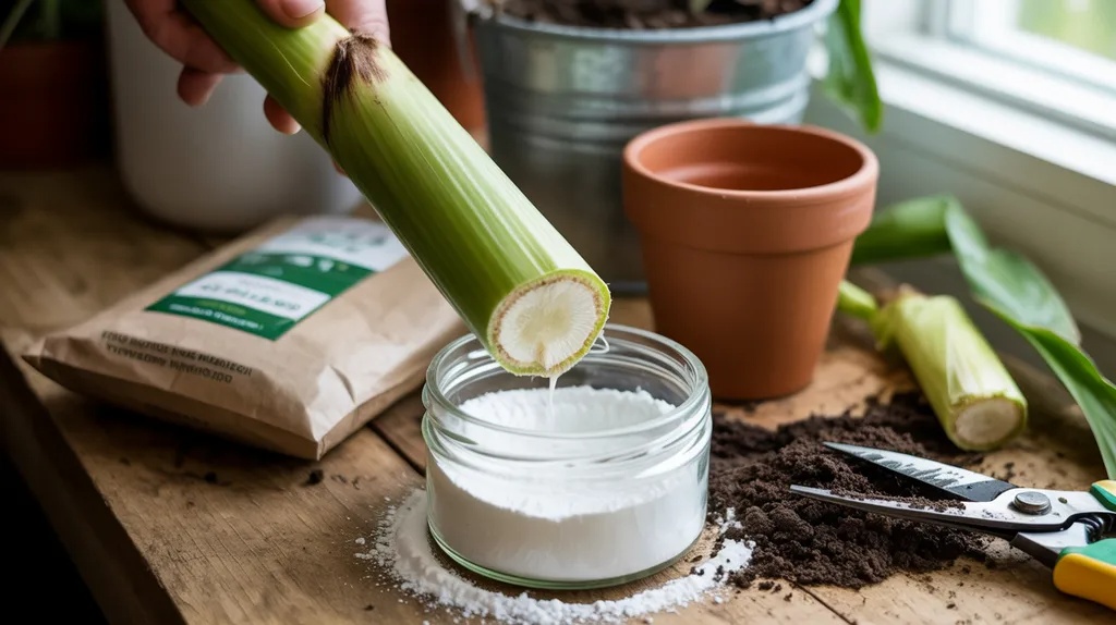 Applying rooting hormone to a corn plant stem cutting before planting.