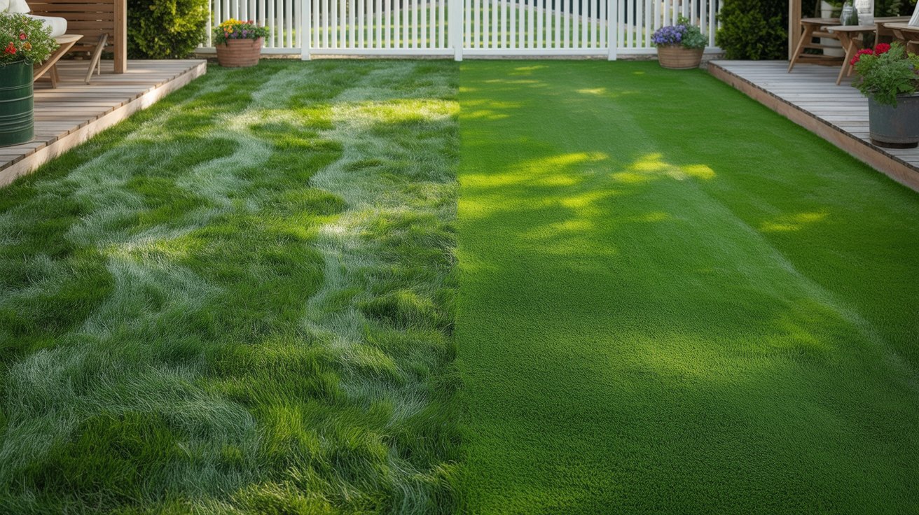 Natural sod lawn beside artificial turf in a residential backyard comparison.