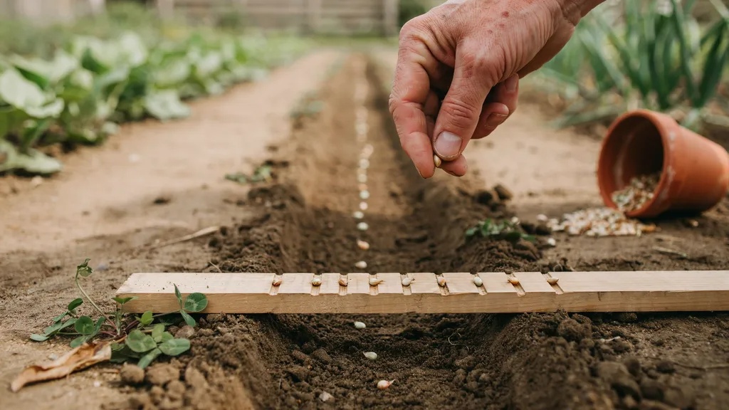 Planting onion seeds with proper spacing in garden rows.