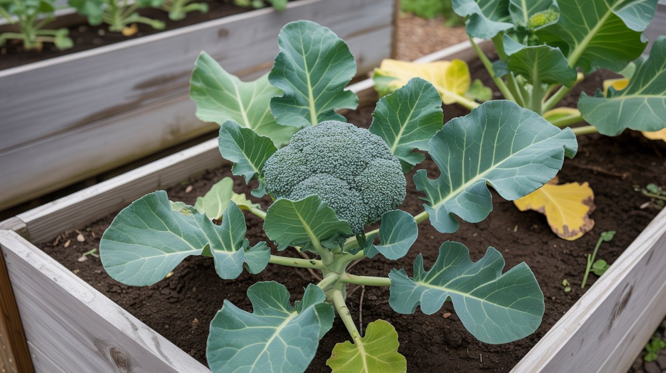 Broccoli plant displaying the main head and smaller side shoots.