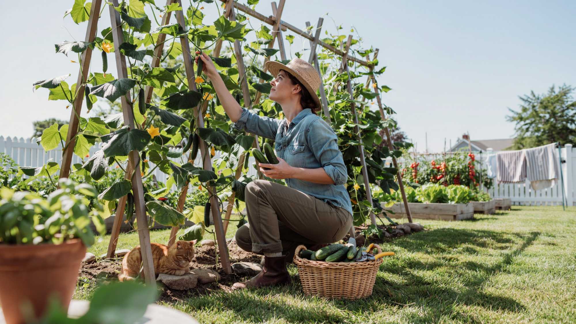 Pruned cucumber plant producing a large harvest.