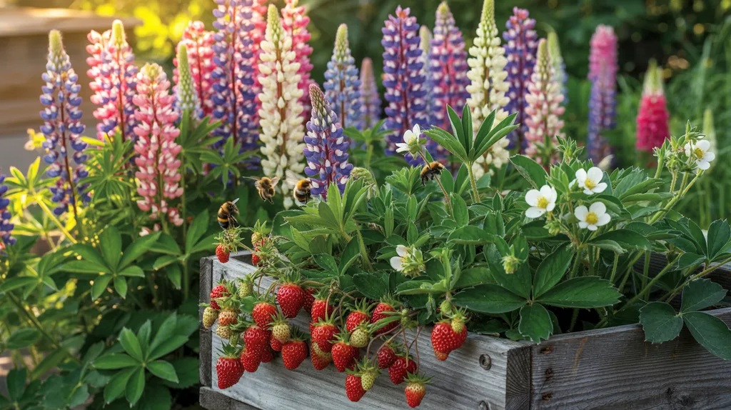 Lupine growing at the back of a strawberry raised bed fixing nitrogen and attracting bees.